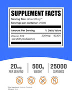 BulkSupplements.com Vitamin B12 Methylcobalamin Powder - 1% B12 Methylcobalamin, Essential B Vitamin - B12 Supplement, Gluten Free, 20mg per Serving, 500g (1.1 lbs) (Pack of 1)