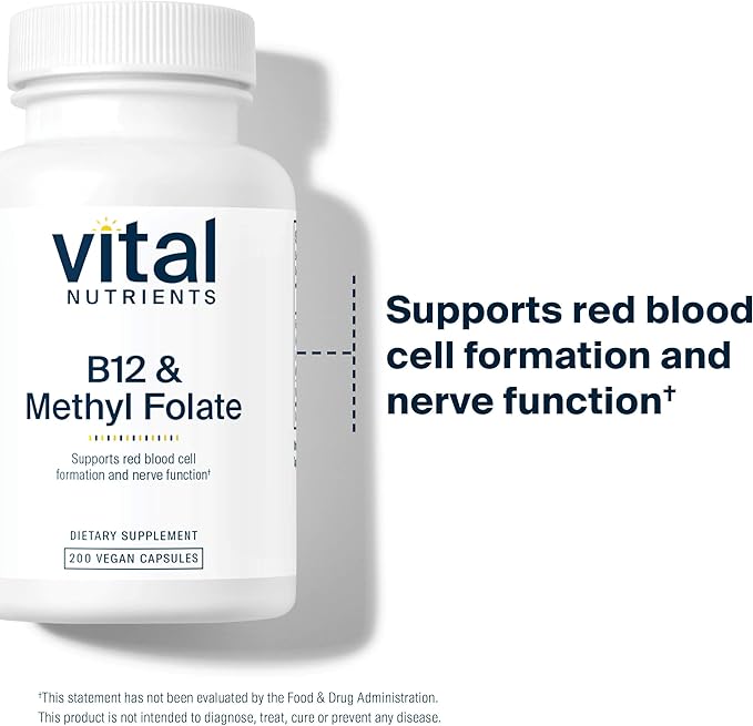 Vital Nutrients Vitamin B12 & Methyl Folate - Vegan Methylated Folate & B12 Supplement - 5-MTHF Plus B12 Supports Nervous System & Metabolism* - Gluten, Dairy, Soy Free - 200 Capsules