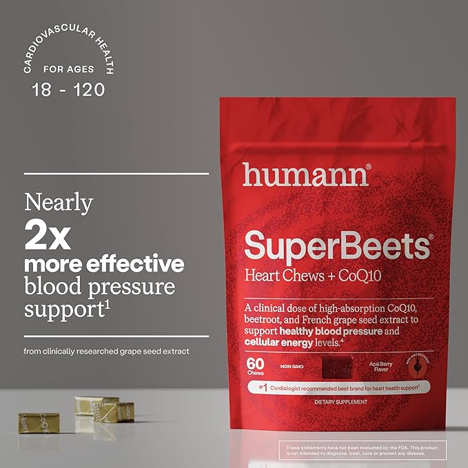 Humann SuperBeets Heart Chews + CoQ10-150mg of CoQ10 Plus Beetroot & Grape Seed Extract, Blood Pressure Support, Support Healthy Blood Flow, Circulation, 60 Count