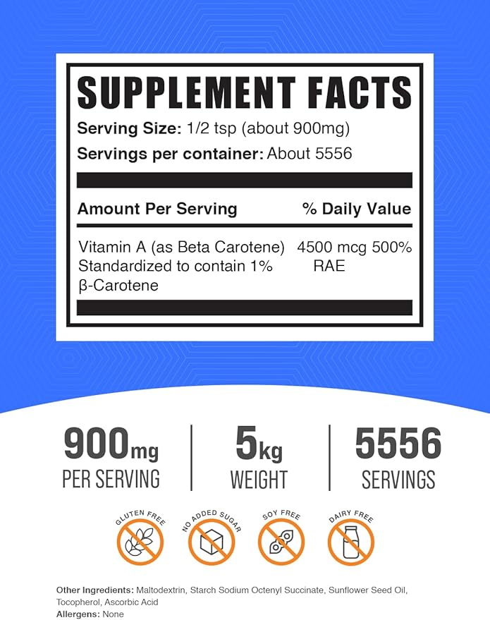 BulkSupplements.com Beta Carotene Powder - Beta Carotene Supplement, Vitamin A Supplement for Immune and Vision Support - Gluten Free, 900mg per Serving, 1kg (2.2 lbs) (Pack of 5)