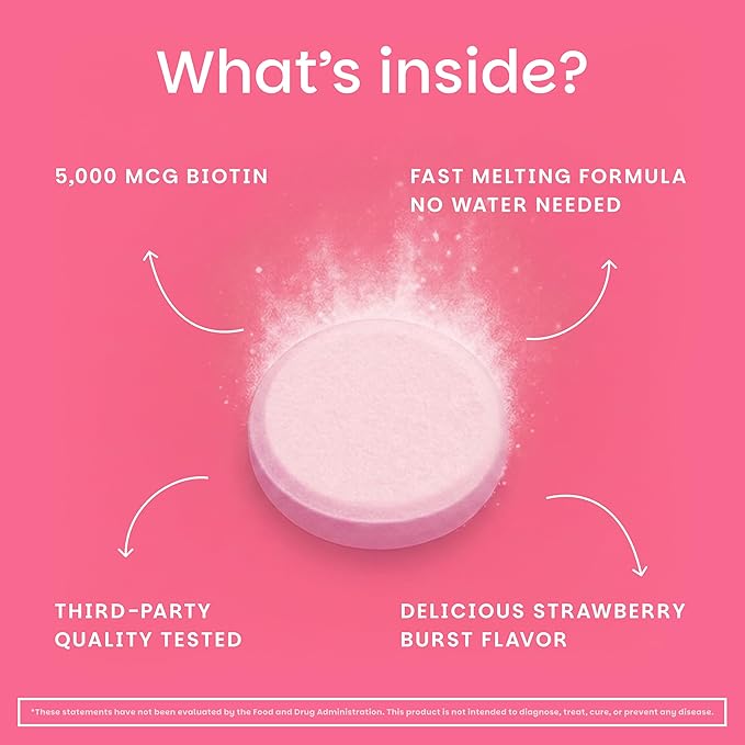EZ Melts Biotin - Daily Vitamin B7 for Healthy Hair, Skin & Nails - Energy Metabolism Support - No Artificial Flavors - Non-GMO & Vegan - Strawberry Burst - 90 Dissolvable Tablets (90 Servings)