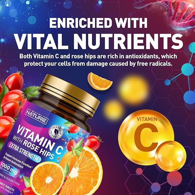 Built by Nature Chewable Vitamin C with Rose HIPS - 1000mg Immune Support Supplement - Non-GMO, Gluten-Free, Vegan - Powerful Antioxidant for Energy & Collagen Boost - Orange Flavor – 60 Tablets