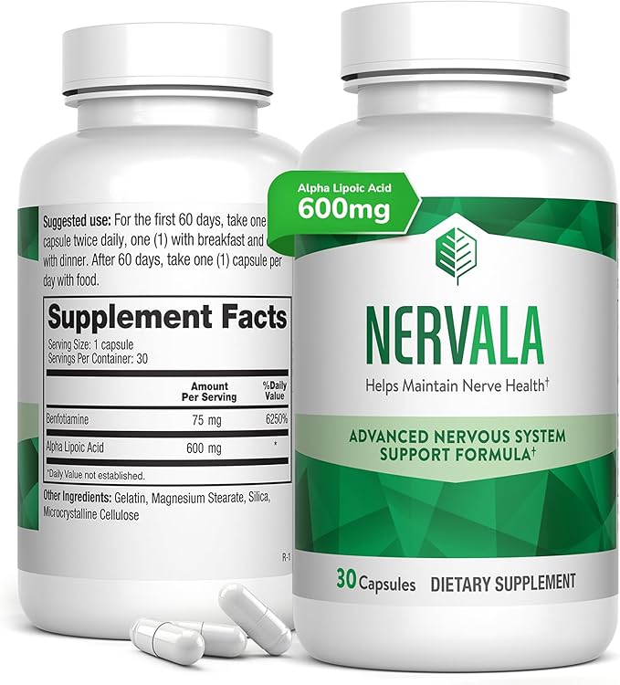 Nervala - Alpha Lipoic Acid 600mg - ALA Supplement Antioxidant for Nerve, Energy & Circulation Support- Extra Strength with Benfotiamine - Made in USA, Lab Tested - 30 Capsules, 1 Month Supply