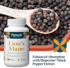 Pattern Wellness Lion’s Mane Mushroom – Supplement Capsules for Cognitive & Focus Support – Enhanced Absorption – 90 Vegan Capsules