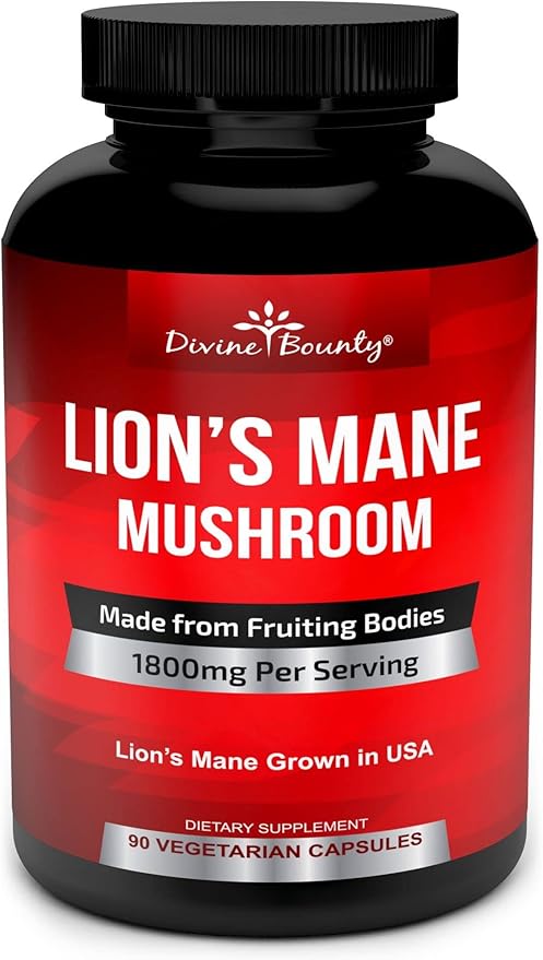 Divine Bounty Lions Mane Mushroom Capsules - 1800mg Lion's Mane Mushroom Per Serving - Non-GMO Nootropic Brain & Immune Support - 90 Vegetarian Caps