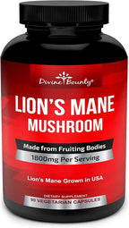 Divine Bounty Lions Mane Mushroom Capsules - 1800mg Lion's Mane Mushroom Per Serving - Non-GMO Nootropic Brain & Immune Support - 90 Vegetarian Caps
