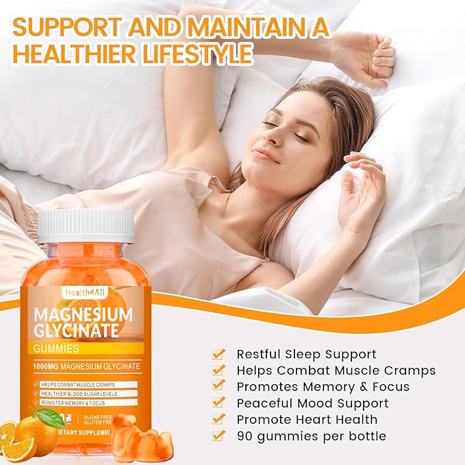 Magnesium Glycinate Gummies 1000mg, High Absorption Sugar Free Magnesium Potassium Supplement for Relaxation, Stress Relief, and Sleep Support for Adults & Kids - 180 Orange Gummies