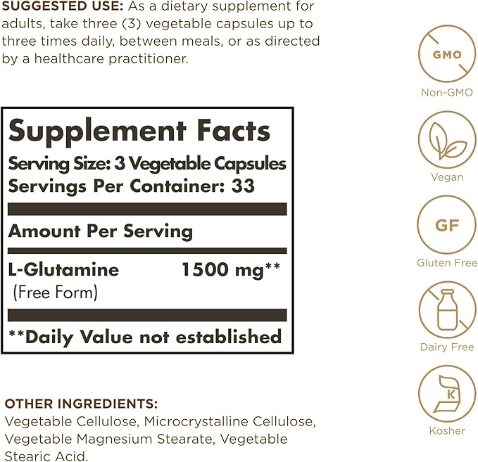 Solgar L-Glutamine 500 mg - 100 Vegetable Capsules - Natural Muscle Food - Non-GMO, Vegan, Gluten Free, Dairy Free, Kosher - 33 Servings