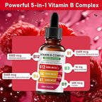 Vitamin B12 Complex with B1, B6, Vitamin B12 Raspberry Liquid Supplement, Essential Vitamin 5-in-1 Vitamin B Complex Liquid Drops, Brain Function, Focus, and Natural Energy Support (2PCS)