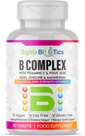 Vitamin B Complex with Vitamin C, Iron, Magnesium & Choline - High Potency B1-B12 Tablets - Energy, Metabolism & Nervous System Support - Vegan, Non-GMO - 90 Tablets