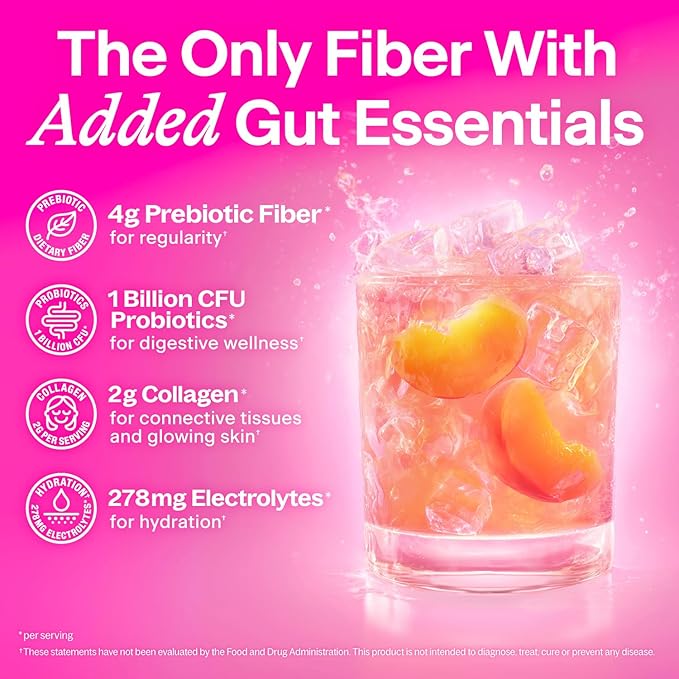 BelliWelli Fiber Supplement for Women & Men – Premium Daily Fiber Powder from Organic Acacia with Added Collagen, Electrolytes & Probiotics – No Bloat, Constipation & Gut Health Support (Peach Mango)