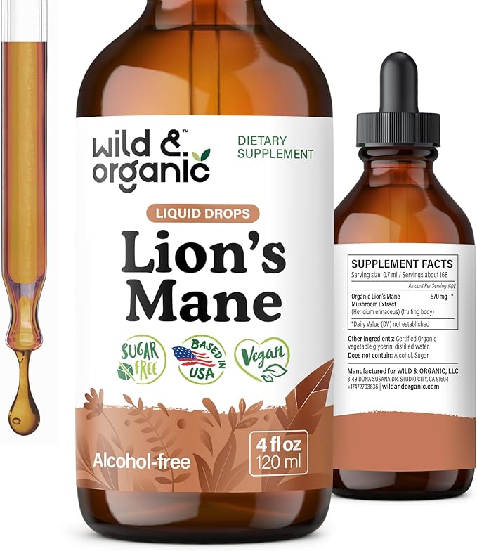 Wild & Organic Lions Mane Liquid Drops - Brain & Focus Support - Lion's Mane Mushroom Supplement - Hericium Erinaceus Mushroom Drops - Mix with Powder - Sugar & Alcohol-Free Extract Tincture - 4 oz
