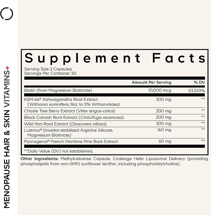 Codeage Menopause Hair & Skin Vitamins+ - Patented Lustriva, Pycnogenol, KSM-66 Ashwagandha - Hair Density Skin Perimenopause Support - Menopause Supplement - 10,000 Mcg Biotin, Wild Yam - 60 Capsules
