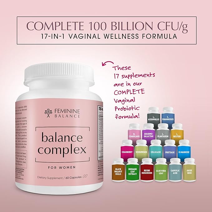 Balance Complex 17-in-1 Vaginal Health 100 Billion Probiotics for Women pH Balance with Cranberry & D-Mannose | Promote Urinary Tract Health for Vaginal Odor & Vaginal Flora, 60 Capsules (Pack of 2)