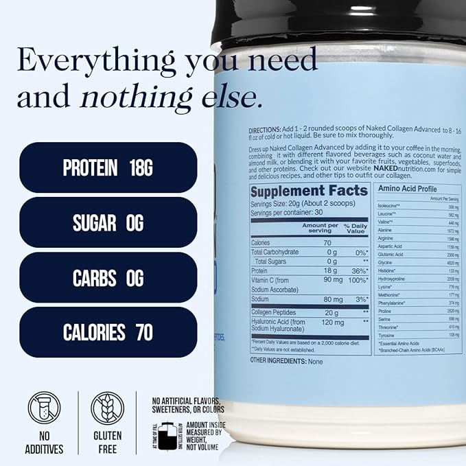 NAKED Collagen Advanced - Peptides Protein Powder, Hyaluronic Acid, Vitamin C, Pasture-Raised, Grass-Fed Hydrolyzed Collagen Supplement, Paleo Friendly, Non-GMO, Keto, Gluten Free, 1.3LB