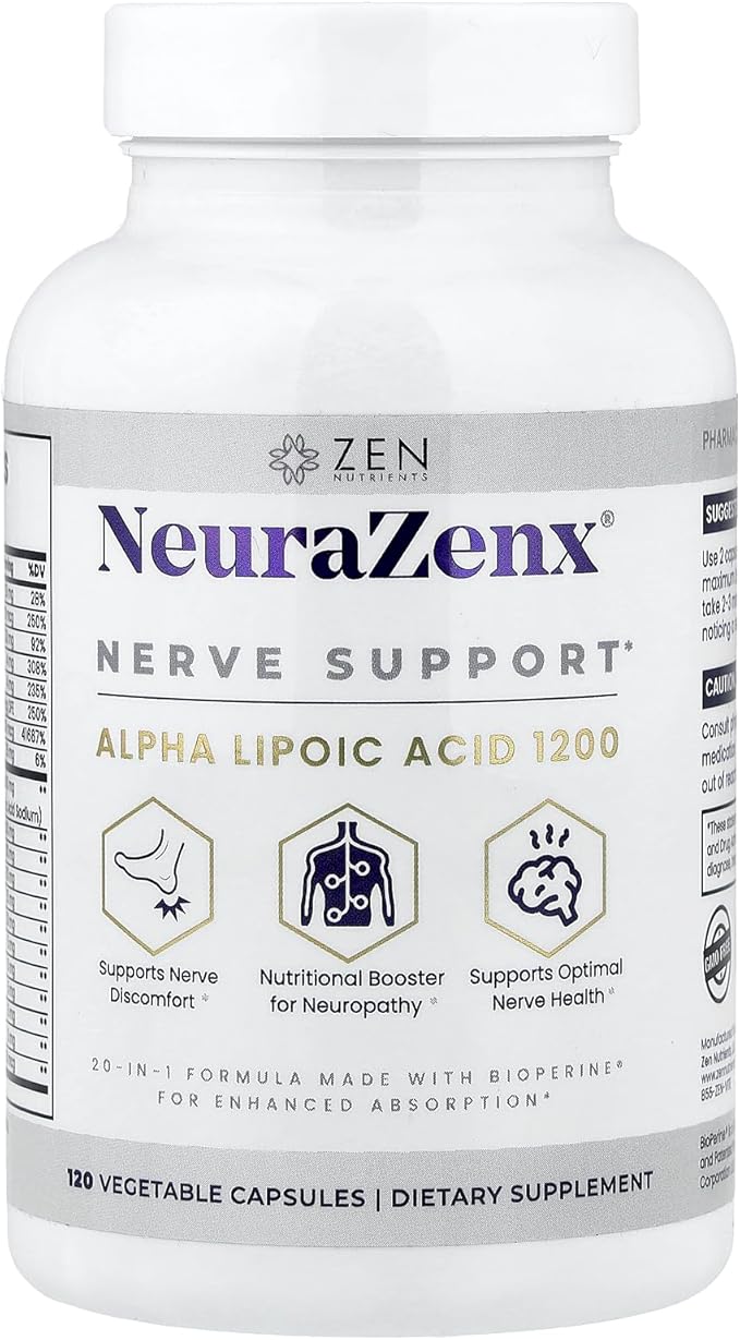 Zen Nutrients NeuraZenX Nerve Support & Peripheral Neuropathy Support Supplement with 1200mg Alpha Lipoic Acid (ALA), Benfotiamine, L-Carnitine, and Turmeric