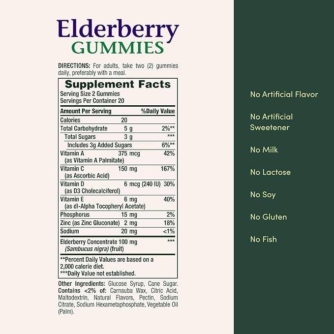Nature's Bounty Elderberry Gummies, Immune Support, Contains Vitamin A, C, D, E and Zinc, 40 Gummies