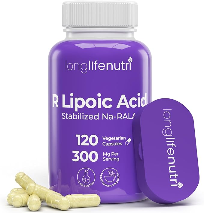 LongLifeNutri Stabilized R-Alpha Lipoic Acid 300mg – High Potency Na-RALA Supplement for Cellular Energy & Metabolic Function, 120 Vegetarian Capsules, 4-Month Supply, GMP Certified, Made in USA
