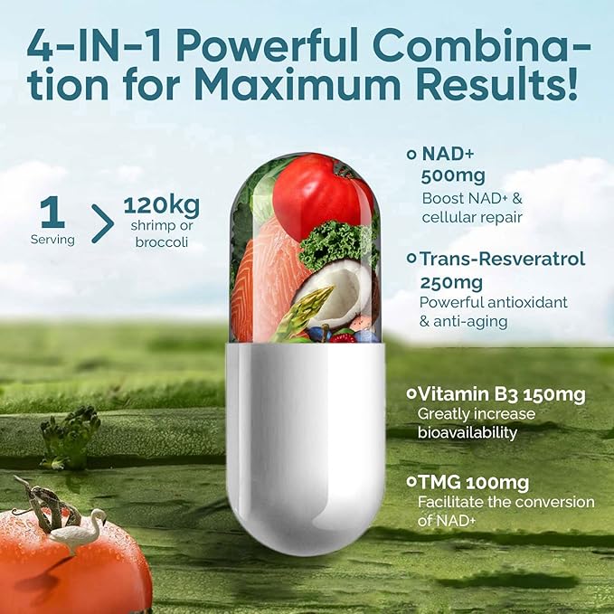 NAD+ Supplement 1000mg, Premium NAD+ & Resveratrol Complex for Energy & Anti Aging - 120 Capsules