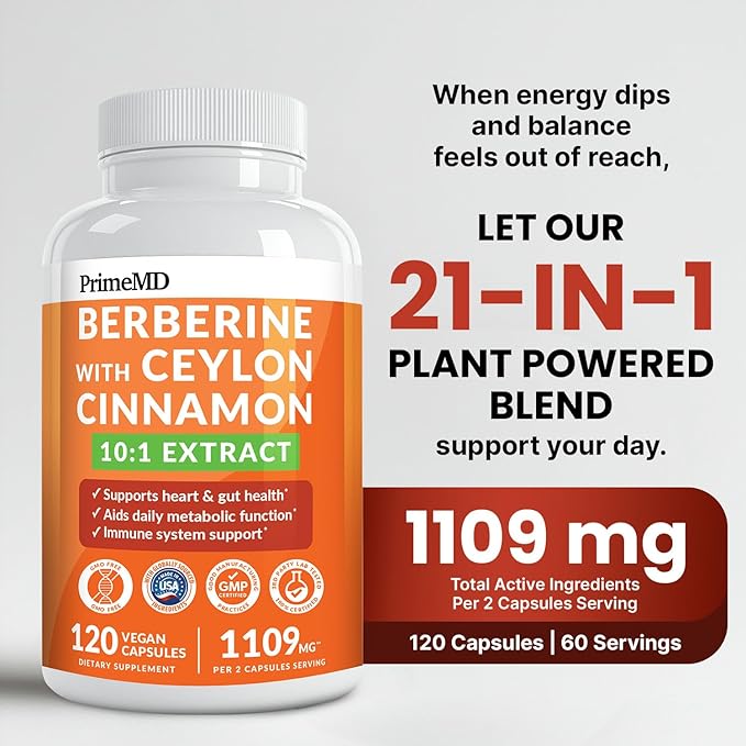 PrimeMD 21-in-1 Berberine Supplement with Ceylon Cinnamon with Chromium, Bitter Melon and Green Tea Extract and Black Pepper Extract for Energy (120 ct, Pack of 1)