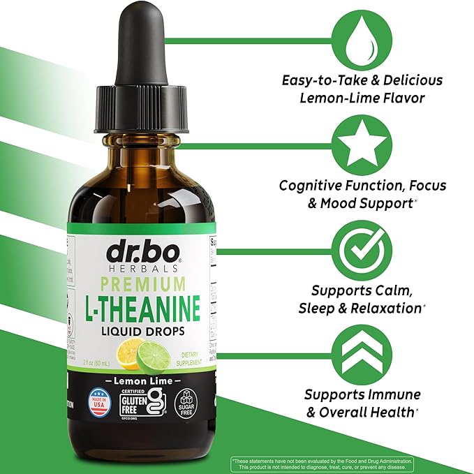 L Theanine 200mg Liquid Drops - Natural Sleep Support & Focus Supplement for Kids & Adults - Vegan, Non-GMO, Gluten Free 200mg Pure L-Theanine Drops Liquid Supplements, Mood Ltheanine for Kids 2 FL Oz