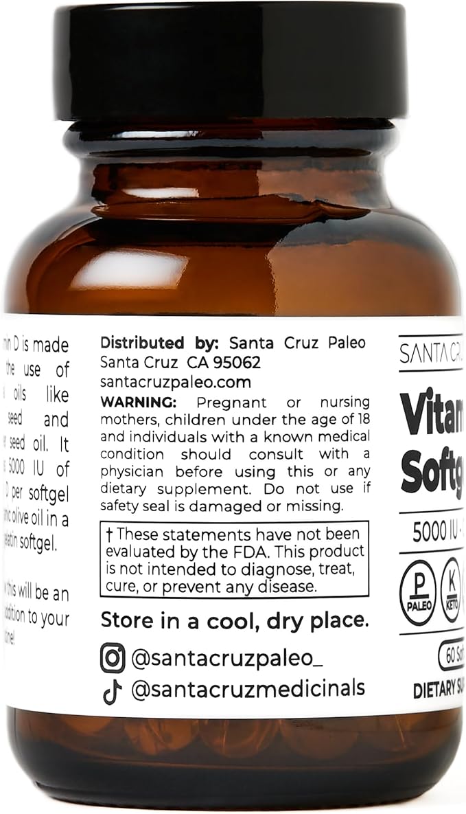 Santa Cruz Paleo Vitamin D3 5000 IU Softgels, Daily Supplement with Olive Oil for Men and Women, Formulated for Absorption, Supports Bone Health, Gluten Free, Sugar Free, Paleo, Keto, 60 Count