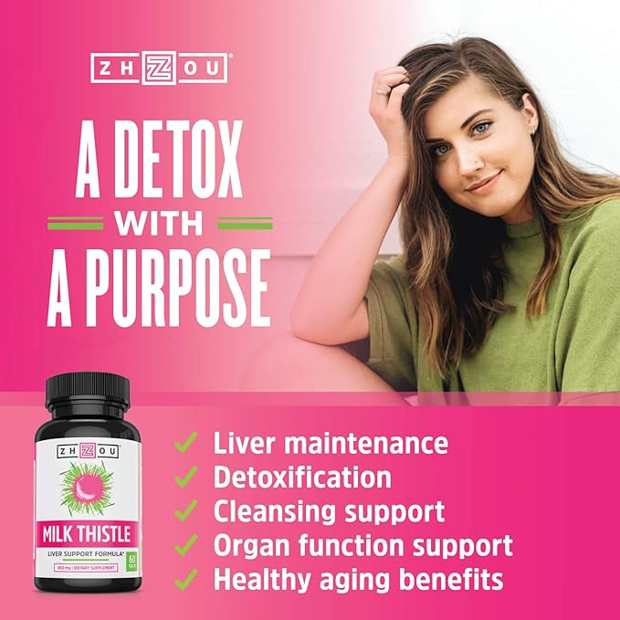 Zhou Milk Thistle - Liver Health Supplement, Silymarin Milk Thistle Extract & Powder for Men & Women, Herbal Cleanse Support, Metabolic Health - 60 Vegetarian Capsules