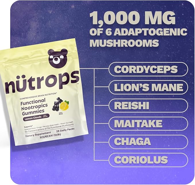 Nutrops Sugar-Free Lions Mane Mushroom Gummies for Adults, Functional Nootropics, Herbal Brain Supplement for Energy, Brain Health, Cognitive, Memory & Focus, Reishi, Chaga, Cordyceps - 28 Day Supply
