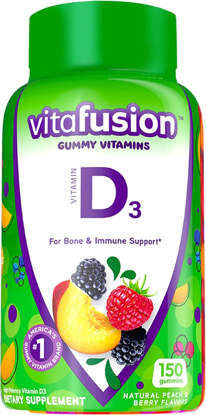 Vitafusion Fiber Well Sugar Free Fiber Supplement & Vitamin D3 Gummy Vitamins for Bone and Immune System Support, Peach, BlackBerry and Strawberry Flavored, 50 mcg Vitamin D, 75 Day Supply, 150 Count