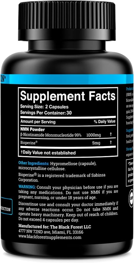 Black Forest NMN Supplements 1000mg (Nicotinamide Mononucleotide) 99% Pure, Stabilized Form, BioPerine® for Enhanced Bioavailability (60 Capsules) (NMN 1000mg per Serving) NAD Supplement for NAD