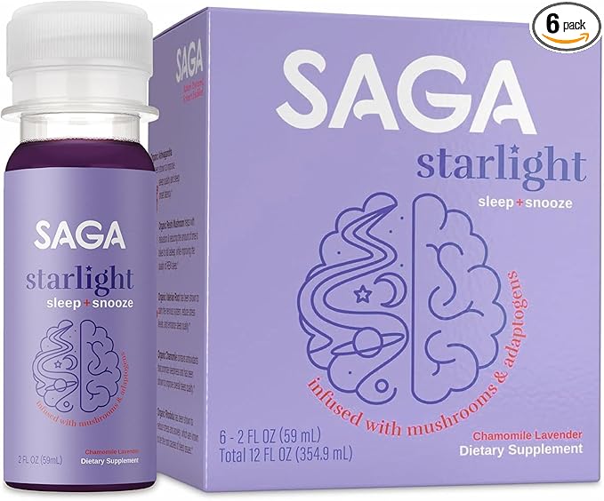 SAGA Starlight Organic Sleep Shots – Natural Sleep Aid with Melatonin, Reishi, Valerian Root, Ashwagandha, Chamomile – Sugar-Free, Vegan, Zero Calories, Plant-Based Sleep Support, Travel Size (2 Oz)