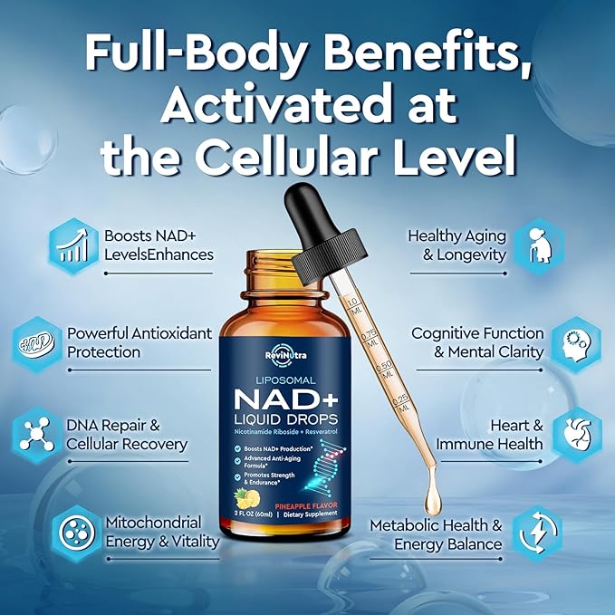 Liposomal NAD Supplement - 1200mg NAD+ Liquid Drops for Women & Men, Nicotinamide Riboside with Resveratrol, PQQ, CoQ10, Quercetin for Anti-Aging, Brain & Cellular Mitochondrial, Pineapple 4 Fl Oz