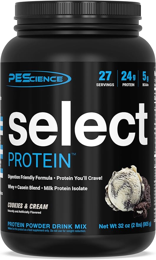 PEScience Select Protein Powder, Whey and Casein Blend, Lean Protein Powder for Women and Men, Low Calorie, Low Carb, Keto Friendly, Gluten Free, Cookies and Cream - 27 Servings