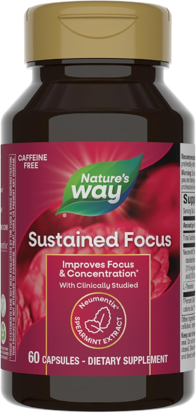 Nature’s Way Sustained Focus, Improved Focus & Concentration*, with Clinically Studied Neumentix Spearmint Extract, L-Theanine, 60 Capsules (Packaging May Vary)