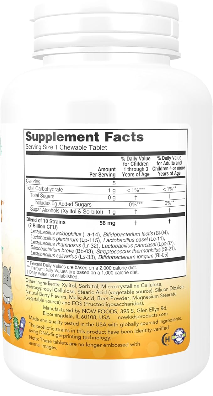 NOW Foods Supplements, BerryDophilus™ with 2 Billion, 10 Probiotic Strains, Xylitol Sweetened, Strain Verified, 120 Chewables, packaging may vary