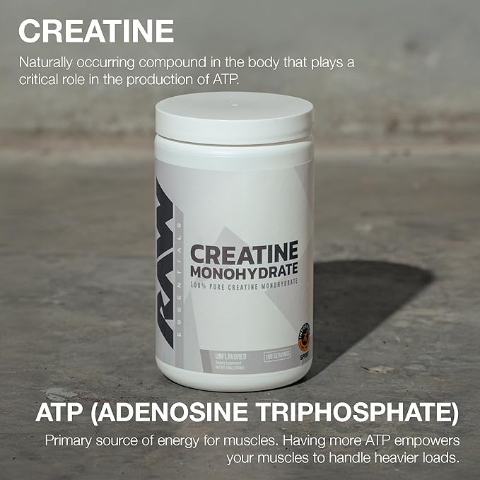 RAW Nutrition Creatine Monohydrate Powder, Unflavored (100 Servings) - Micronized Creatine Monohydrate Supplement for Workout Performance, Build Muscle & Strength - Creatine Powder for Men & Women