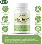 LIIFE Vitamin K2 600mcg Supplement with MK-7 100mcg & MK-4 500mcg,90 Vegetable Capsules for Bone & Cardiovascular Health | Non-GMO & Gluten Free
