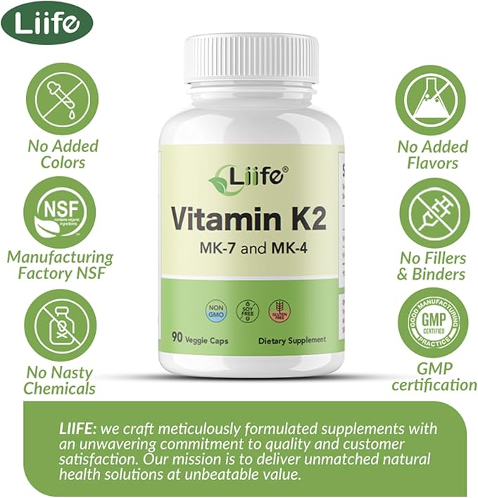 LIIFE Vitamin K2 600mcg Supplement with MK-7 100mcg & MK-4 500mcg,90 Vegetable Capsules for Bone & Cardiovascular Health | Non-GMO & Gluten Free