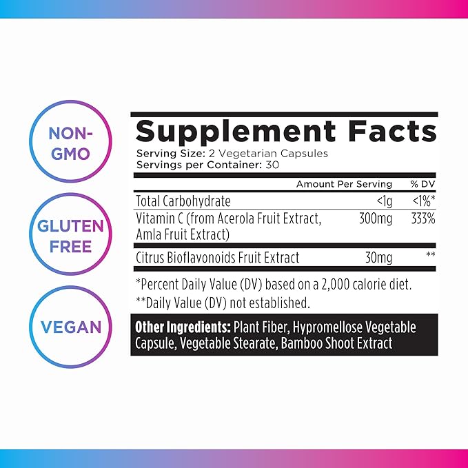 Livingood Daily Vitamin C Supplement, 3-in-1 Whole Food-Based Vitamin C with Acerola & Amla Fruit Extracts and Citrus Bioflavonoids for Immune Support, Vegan, Gluten Free, Non GMO, 60 Capsules