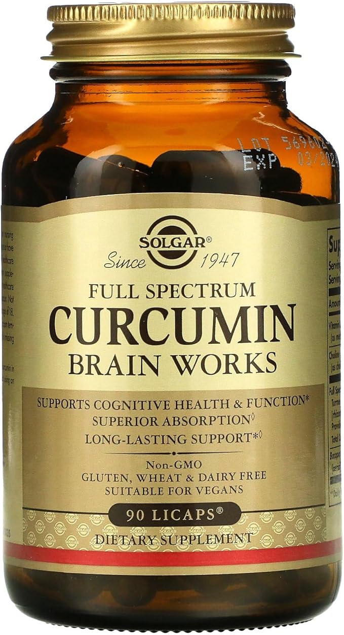 Solgar Full Spectrum Curcumin Brain Works, 90 Licaps - Support Memory Recall, Focus, Cognitive Function - Antioxidant Support - Curcumin, BacoMind, Choline, Vitamin B12 - Non-GMO, Vegan - 30 Servings