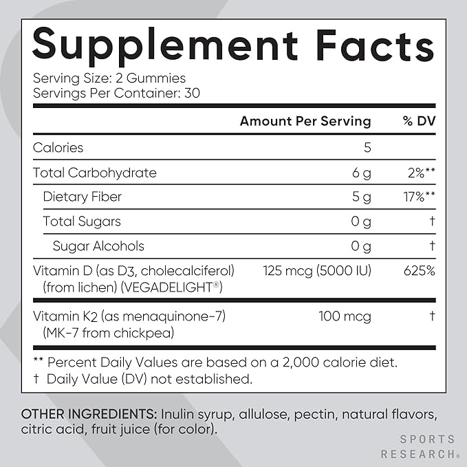 Sports Research® Vegan Vitamin D3 + K2 Sugar Free Gummies - 125mcg (5000iu) Vitamin D w/ 100mcg Mk7 Vitamin K - Supports Bone & Immune Health* - Vegan Certified · Non-GMO · Soy Free - 60 Count