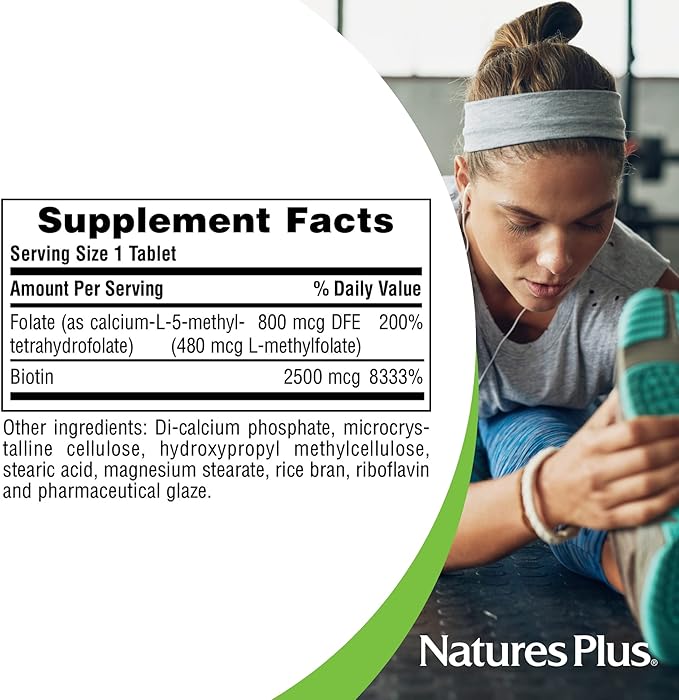 NaturesPlus Biotin & Folic Acid (Folate) - 30 Sustained Release Tablets - Vitamin B Complex for Energy, Beauty, Metabolism & Immune Health - Supports Healthy Skin, Nails & Hair - 30 Servings