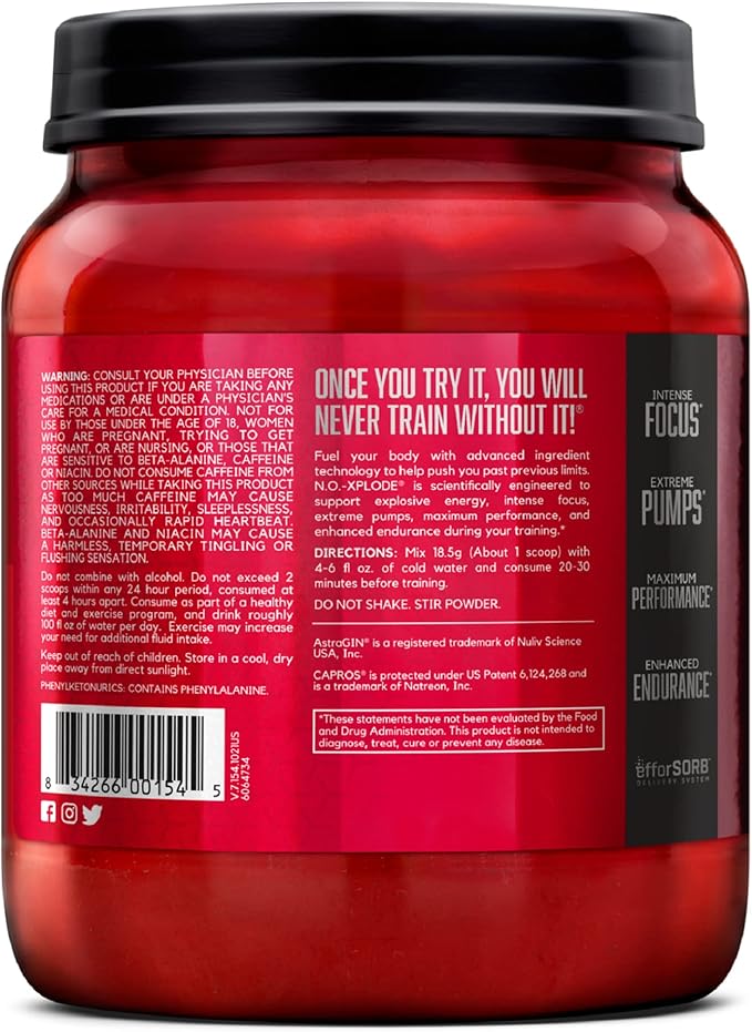 BSN N.O.-XPLODE Pre Workout Powder, Energy Supplement for Men and Women with Creatine and Beta-Alanine, Blue Raz, 60 Servings, 2.45 Pound (Packaging May Vary)