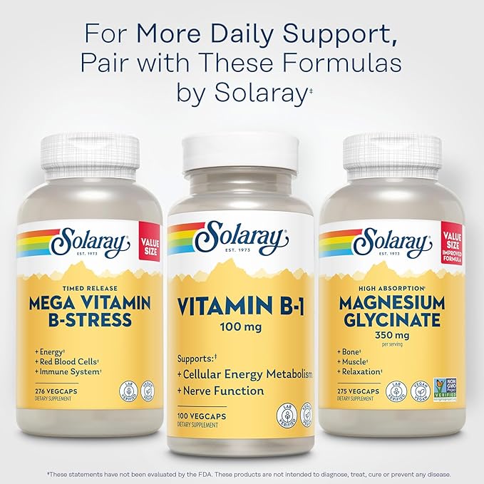 SOLARAY Vitamin B-1 100 mg | Healthy Energy Metabolism, Skin, Brain, Heart & Nervous System Support | 100 VegCaps