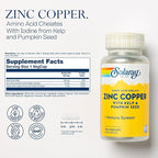 SOLARAY Zinc Copper Amino Acid Chelate - Immune Support Supplement w/Chelated Zinc 50mg - Bone, Skin, Heart Health and Thyroid Support - with Iodine from Kelp, 60-Day Guarantee, 100 Serv, 100 VegCaps