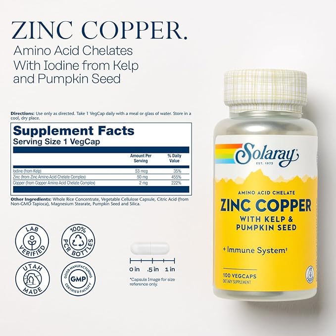 SOLARAY Zinc Copper Amino Acid Chelate - Immune Support Supplement w/Chelated Zinc 50mg - Bone, Skin, Heart Health and Thyroid Support - with Iodine from Kelp, 60-Day Guarantee, 100 Serv, 100 VegCaps