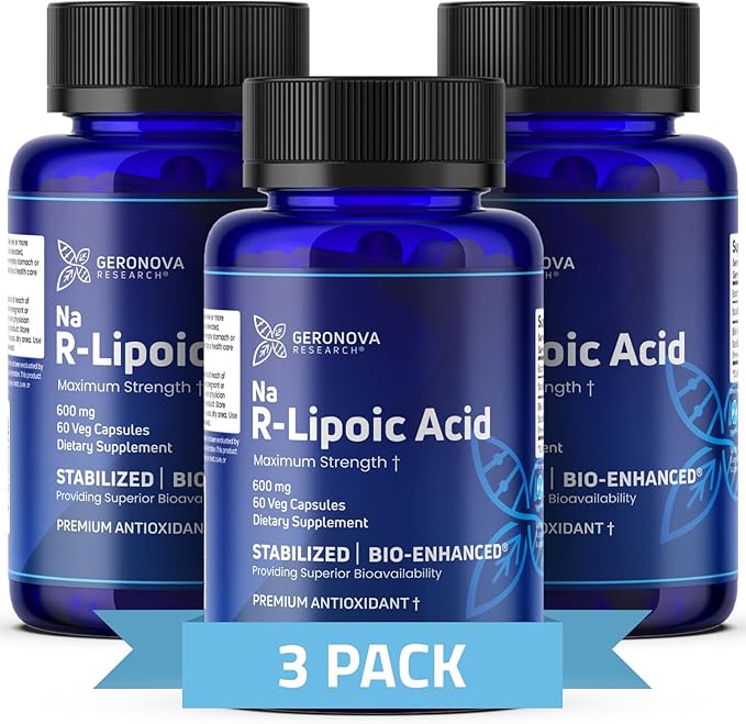 Geronova Research Bio-Enhanced R-Lipoic Acid, 600 mg Capsules - 3 Month Supply - Stabilized R Alpha Lipoic Acid with Enhanced Absorption - R Lipoic Acid Supplement - 180 Count