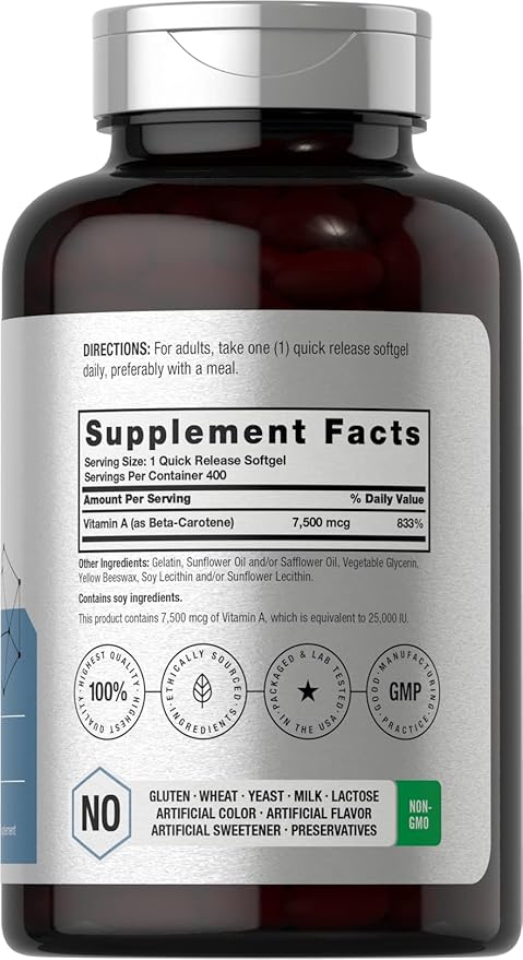 Horbäach Beta Carotene Supplement | 25000 IU Softgels | 7,500 mcg | Vitamin A | 400 Count | Non-GMO and Gluten Free Formula