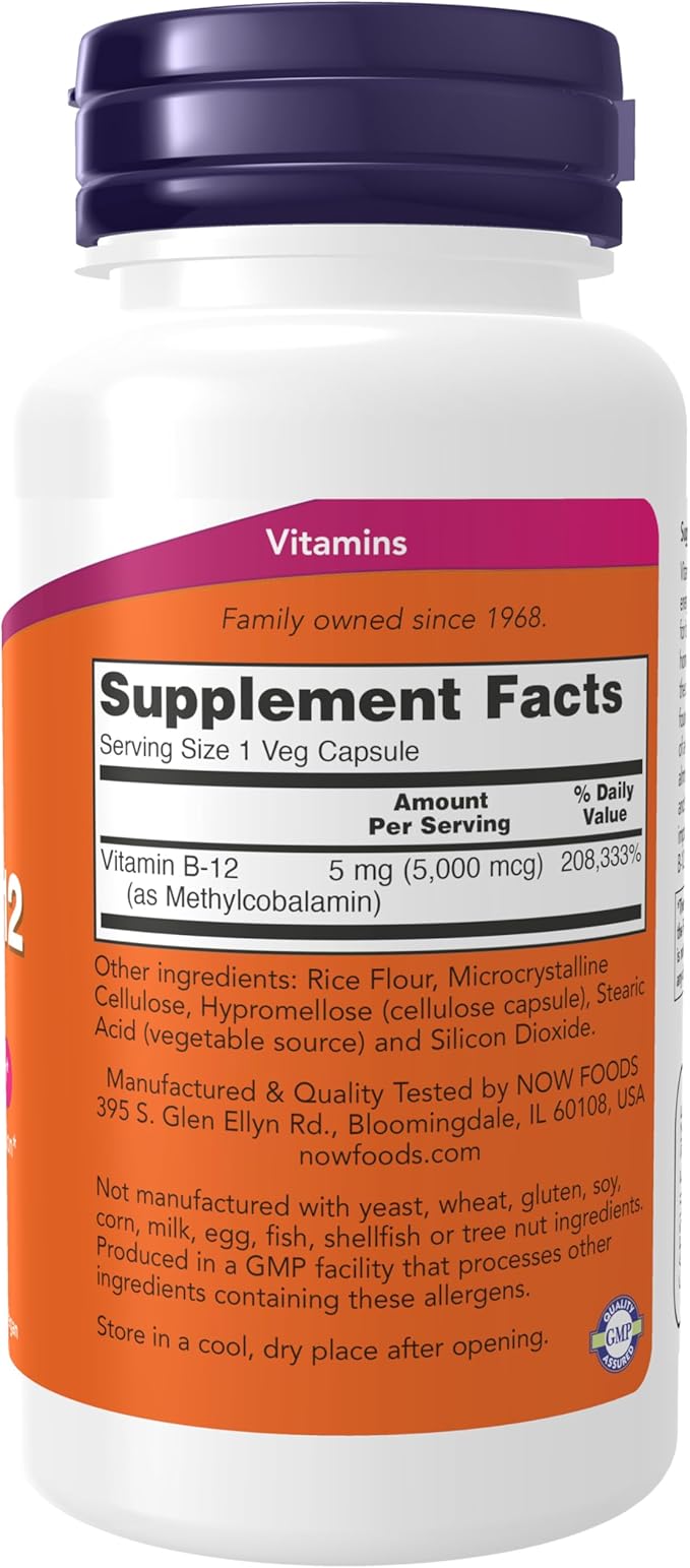 NOW Foods Supplements, Methyl B-12 5000mcg,Methylcobalamin, Hypoallergenic, 90 Veg Capsules