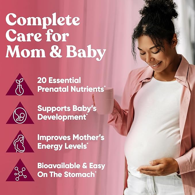 Eu Natural Glow Prenatal Vitamins for Women - 20-in-1 Prenatal Multivitamin with Folate & Vegan DHA - Supports Healthy Pregnancy, Fetal Development & Mom’s Comfort - 60 Vegetarian Capsules